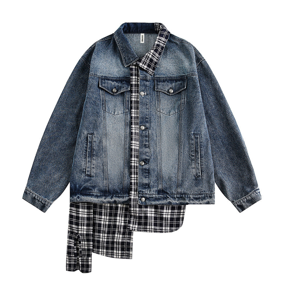 Giacca in denim a due pezzi con cuciture irregolari a quadri