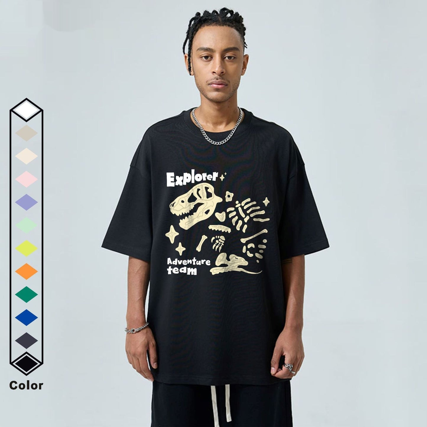 Loose Round Neck Dinosaur Loose Printed Double Yarn Cotton Short Sleeve
