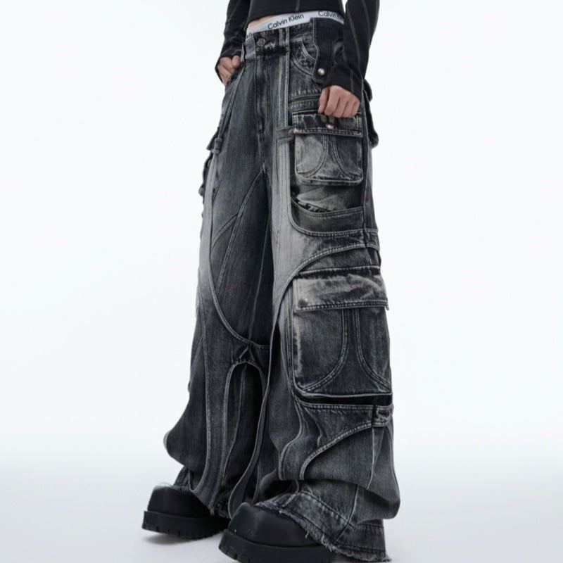 Worn Looking Washed-out Wide Leg Jeans Ribbon Winding Loose Multi-pocket