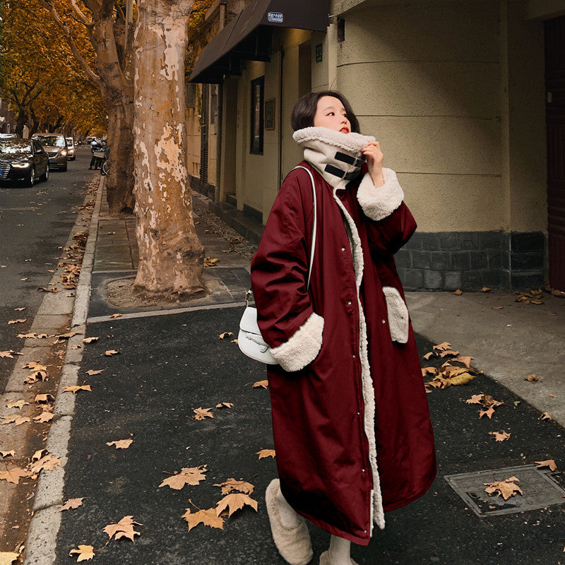 Lazy Style Parka Coat Mid-length Casual Three-color Lamb Wool Coat