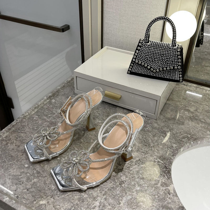 Rhinestone Flower Strap Square Toe High Heels Thick