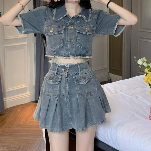 Vintage Washed Burlap Short Shirt Denim Set