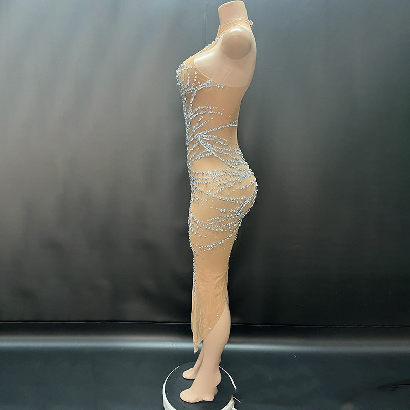 Robe de soirée tendance à cristaux brillants et vaporeux