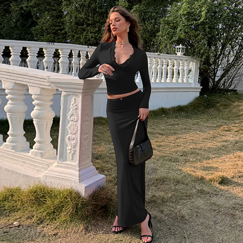 Womens Solid-color Long-sleeve Top And Maxi Skirt Two-piece Set