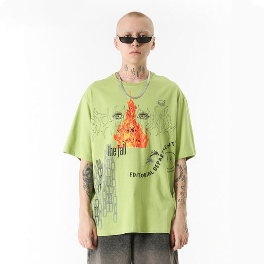 Flame Graffiti Print Loose T-Shirt