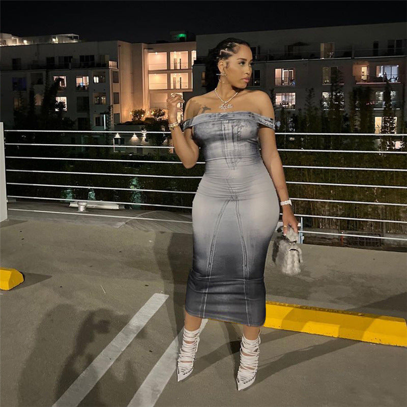 Robe slim taille haute à impression numérique pour femme