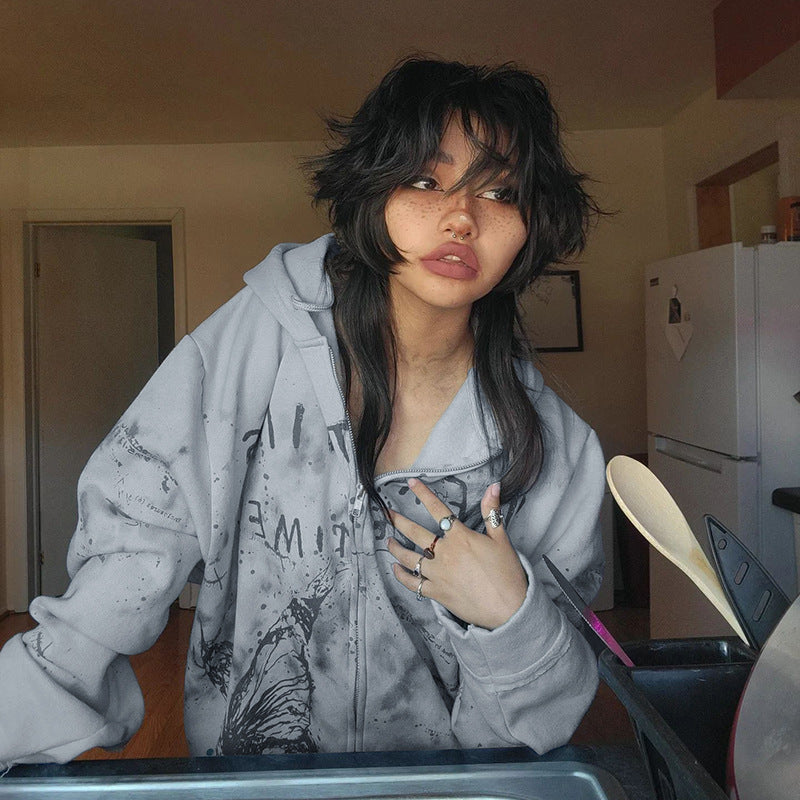 Sweat à capuche ample en tricot imprimé papillon