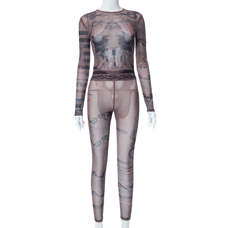 Skinny Mesh Printed Long-sleeved Top Pants Casual Suit