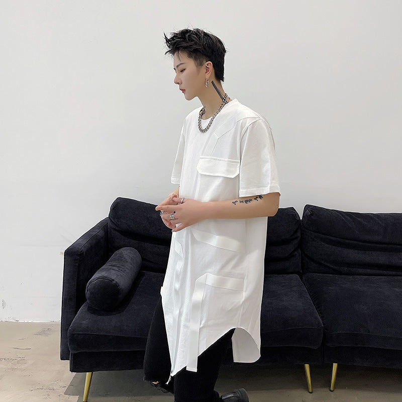 Dark Mid-length Asymmetrical Hem Short-sleeved T-shirt