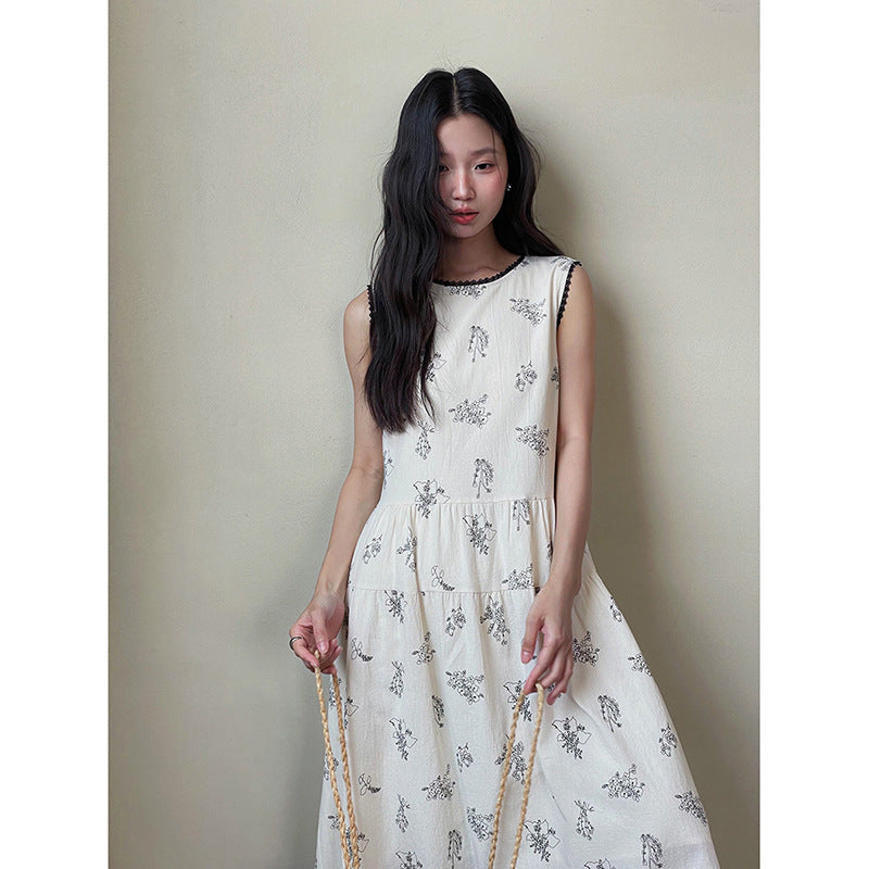 Retro Printed Waist-controlled Slimming Dress Women's Summer New