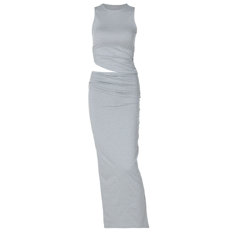 Tailleur jupe fendue coupe slim sans manches à col rond