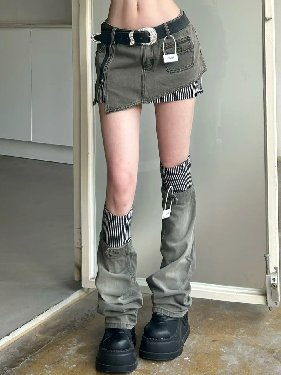 American-style Retro Plus Size Striped Stitching Denim Suit Skirt