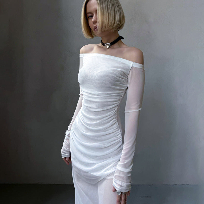 Robe sexy en maille transparente à manches longues et épaules dénudées