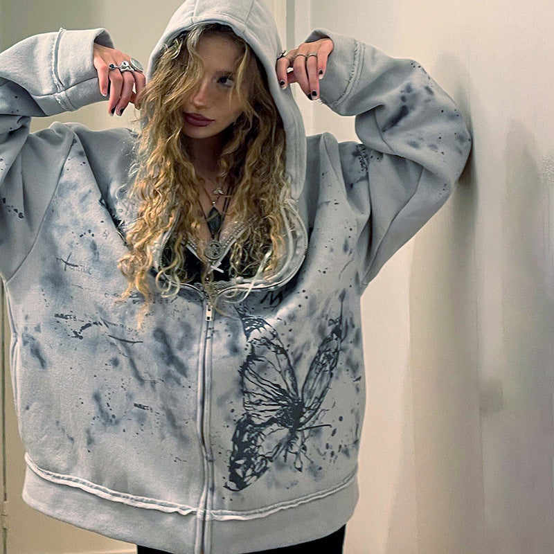 Sweat à capuche ample en tricot imprimé papillon