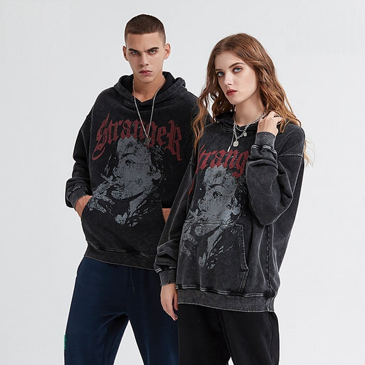 Snowflake Frayed Pullover Cotton Print Hoodie