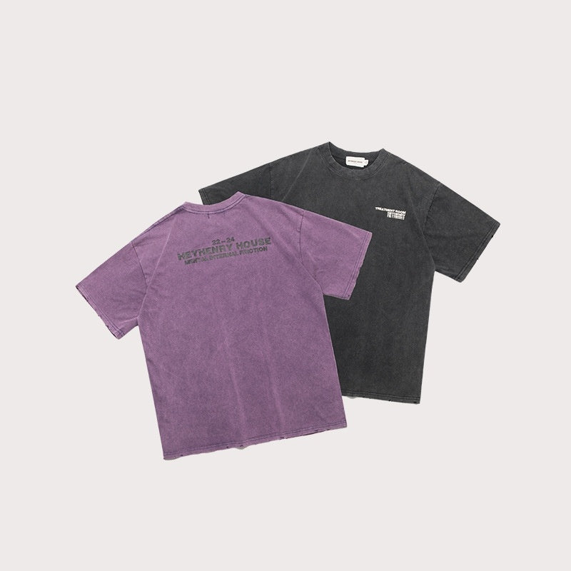 American High Street Retro Distressed Fashion Letters Printed Tatted Washed Short Sleeve