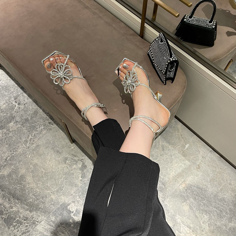 Rhinestone Flower Strap Square Toe High Heels Thick