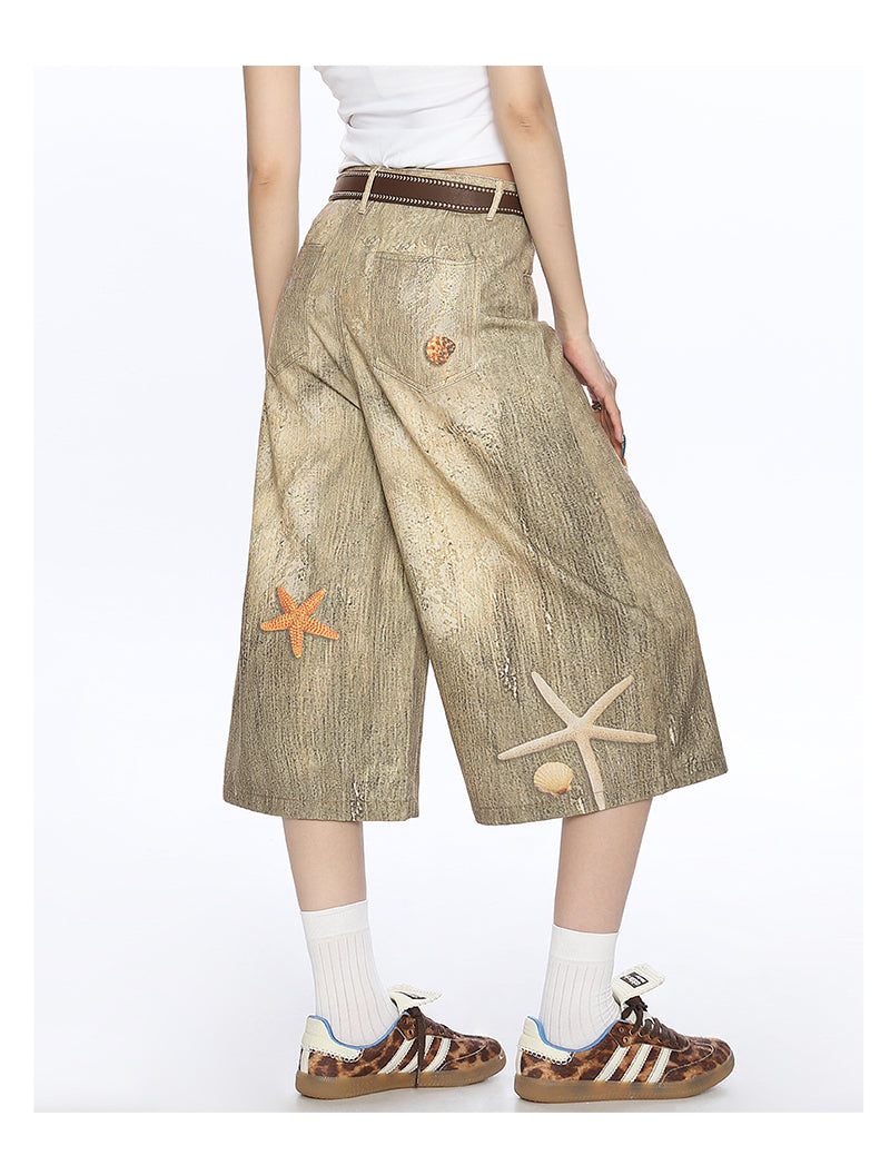 American-style Retro Large Size Shell Cropped Pants