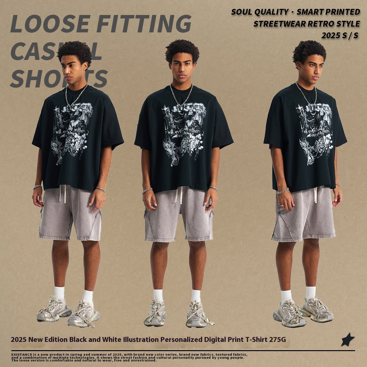 T-shirt imprimé personnalisé avec illustration en noir et blanc pour homme