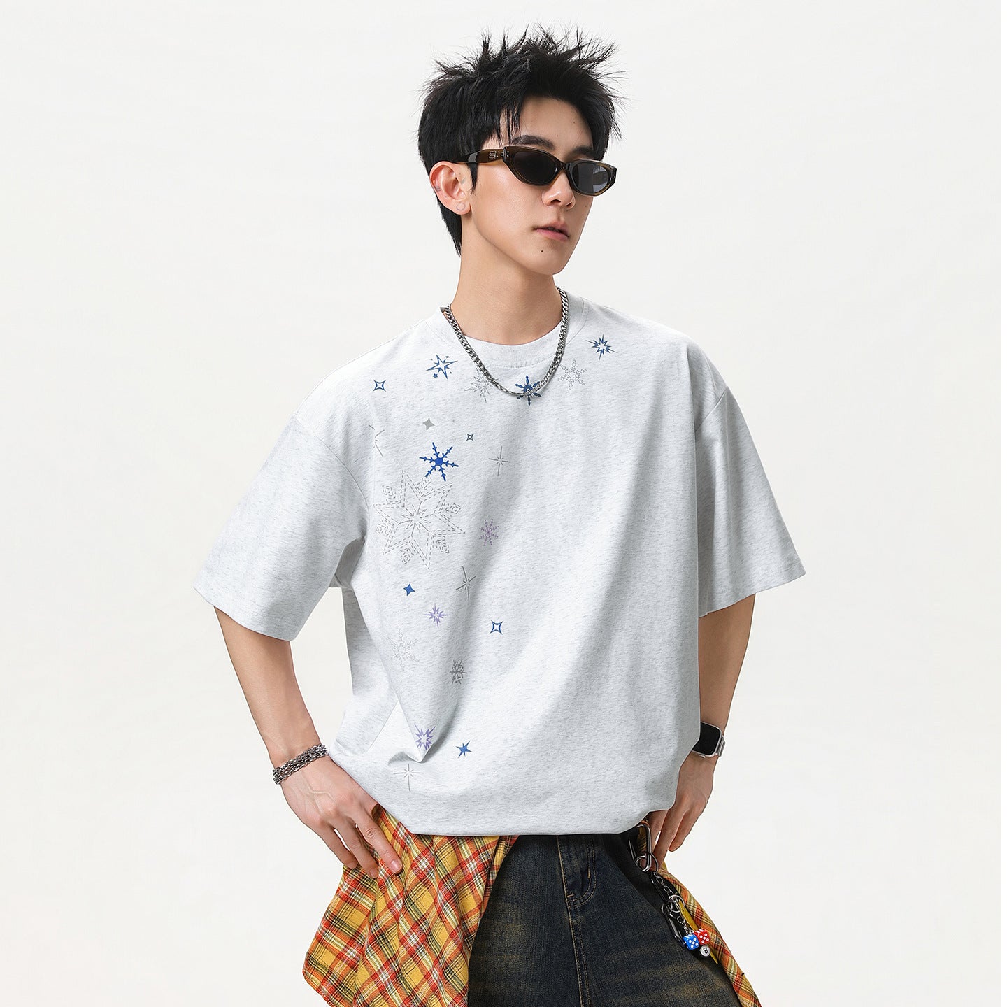 Men's Cotton Loose-Fit Short-Sleeve T-Shirt With Snowflake Print
