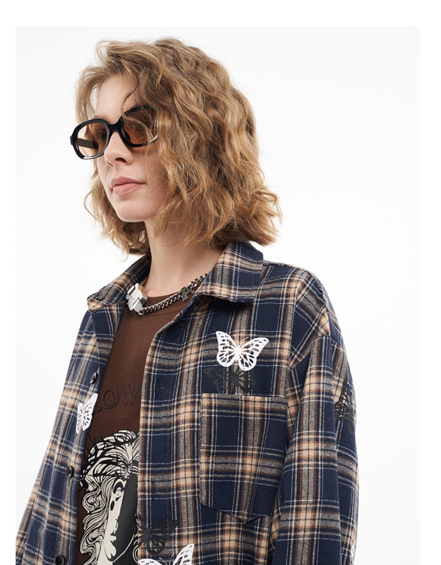 Veste ample à carreaux vintage à imprimé papillon