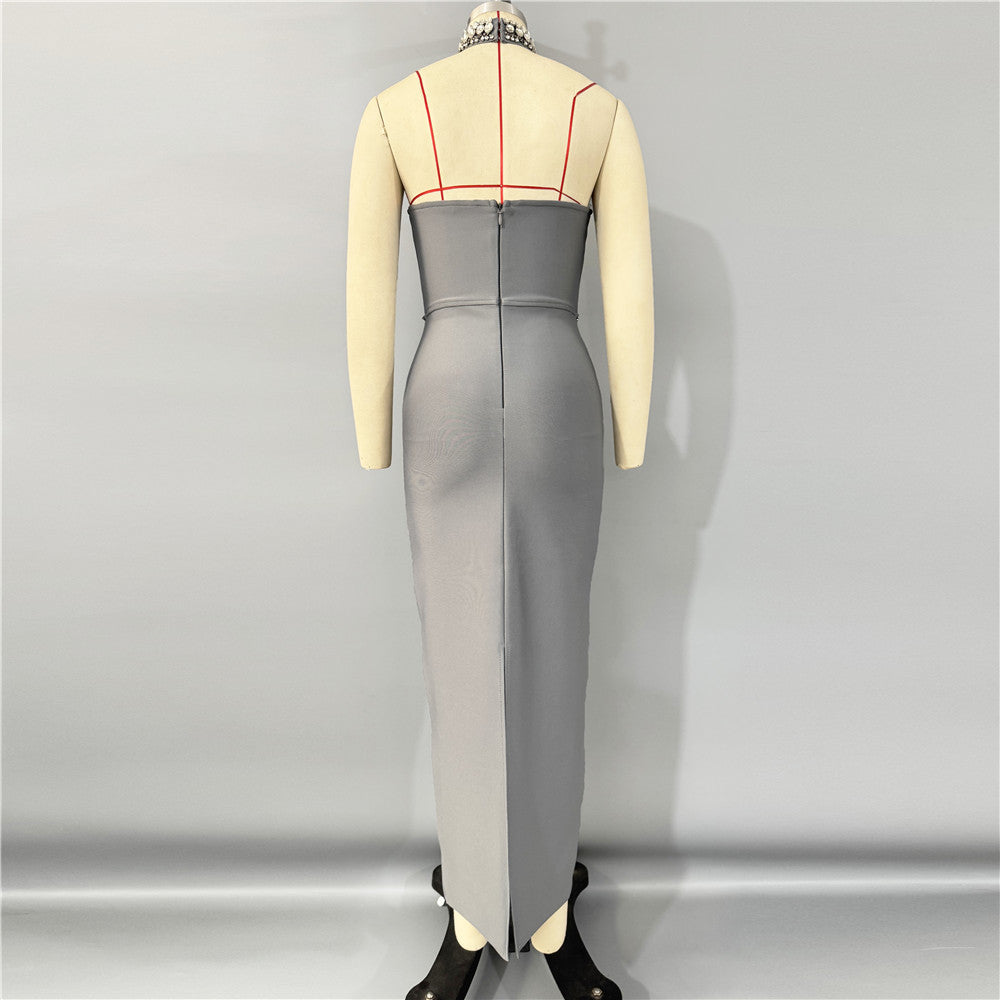 Nouvelle robe une pièce à bandes, couleur unie, raffinée, avec haut tube et strass