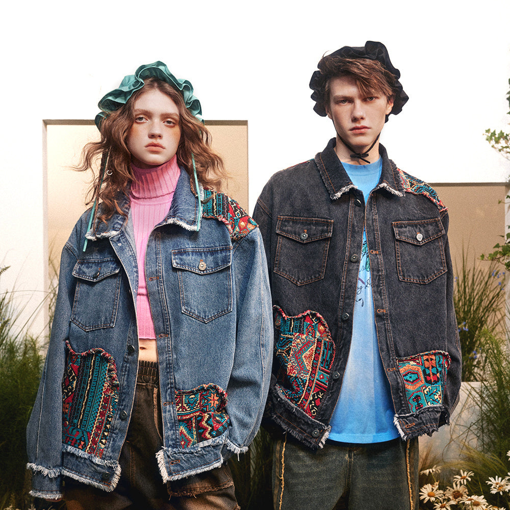 National Style Burrs Stitching Washed Denim Jacket