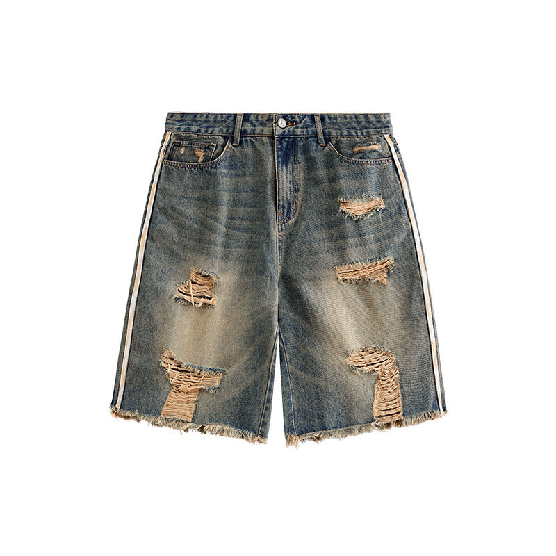 Men's Hip Hop Side Stripe Ripped Denim Shorts