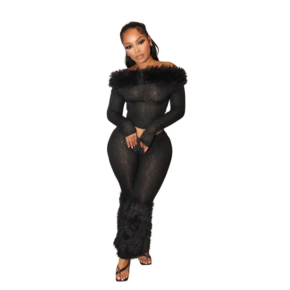 Long-sleeved Off-shoulder Top Slim-fit Trousers Furry Two-piece Set