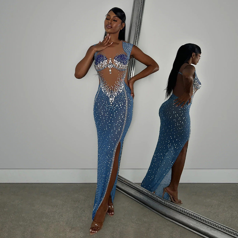 Mesh Rhinestone Slim Long Dress