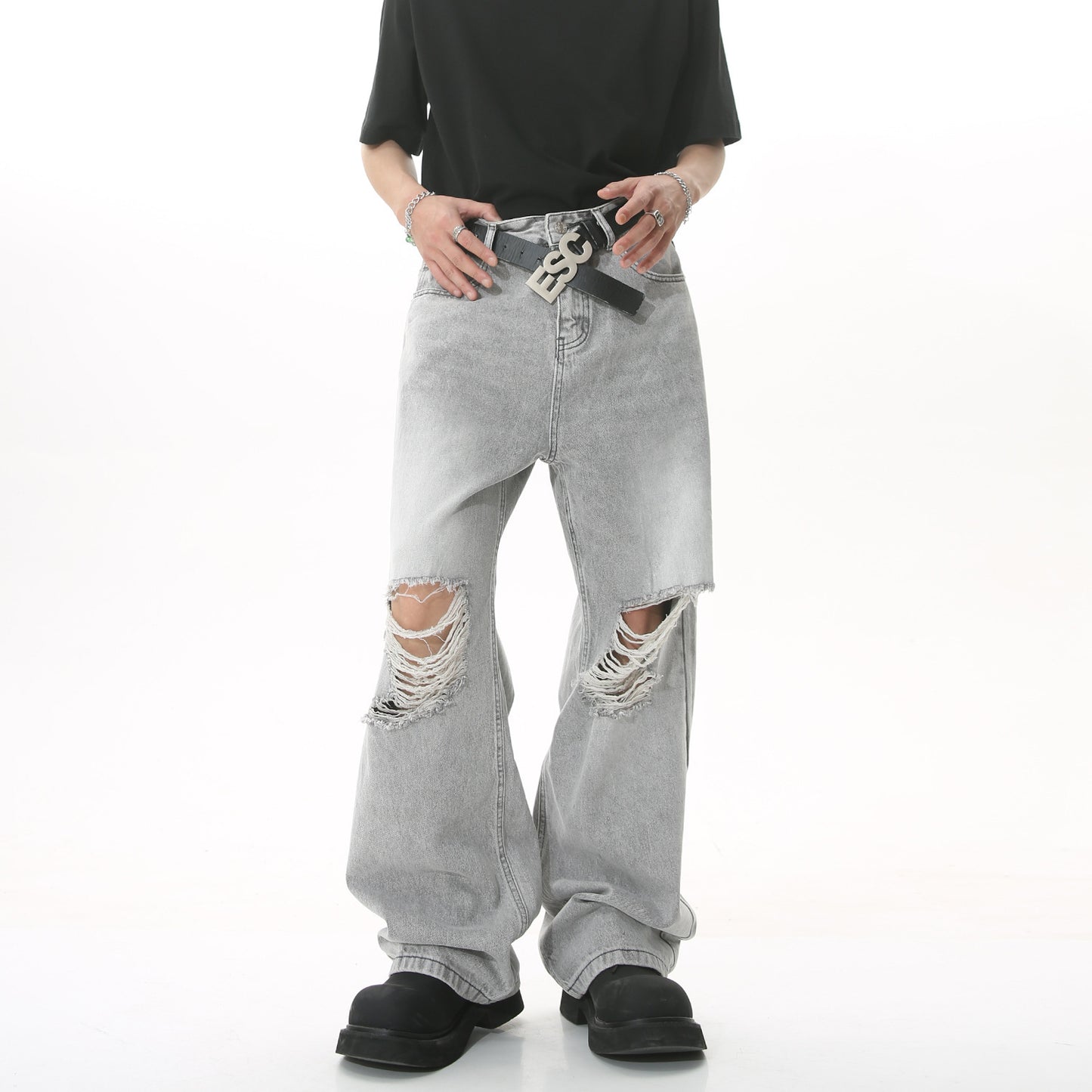 Men's Ripped Washed Light Gray Knee Ripped Wide-legged Straight-leg Denim Trousers