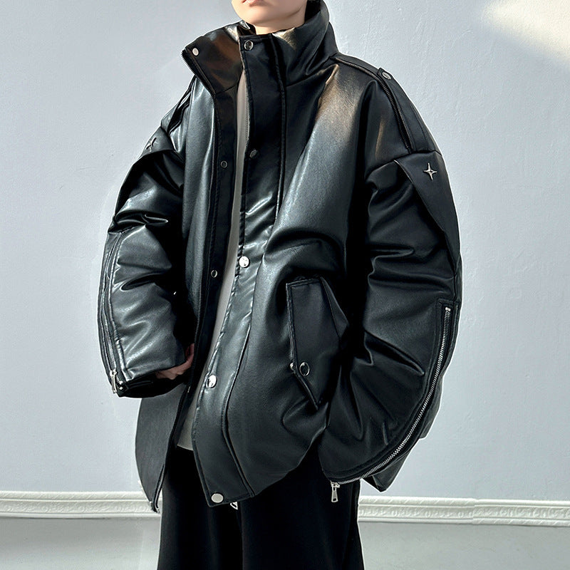 Manteau en coton à double col, veste en cuir PU brillant, surpiqûres, manteau rembourré en coton épaissi.