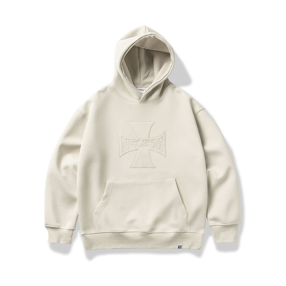 Maglione largo con cappuccio e ricamo a croce