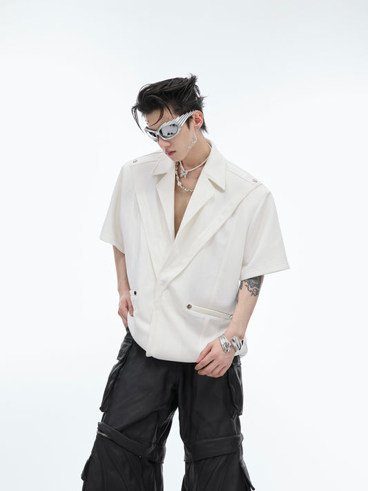 V-neck Short-sleeved Shirt Metal Embellished Loose Top