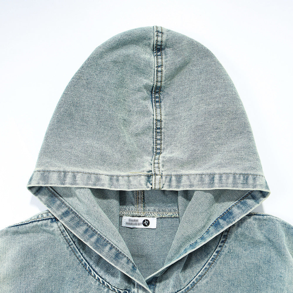 Washed Distressed Stitching Hooded Pullover Denim Hoodie