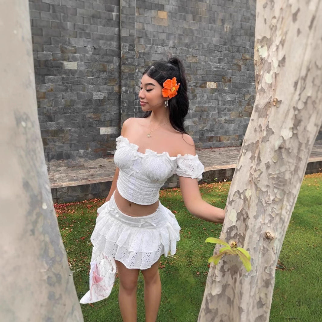 Womens Puff-Sleeve Top And Ruffle Hem Skirt Two-Piece Set