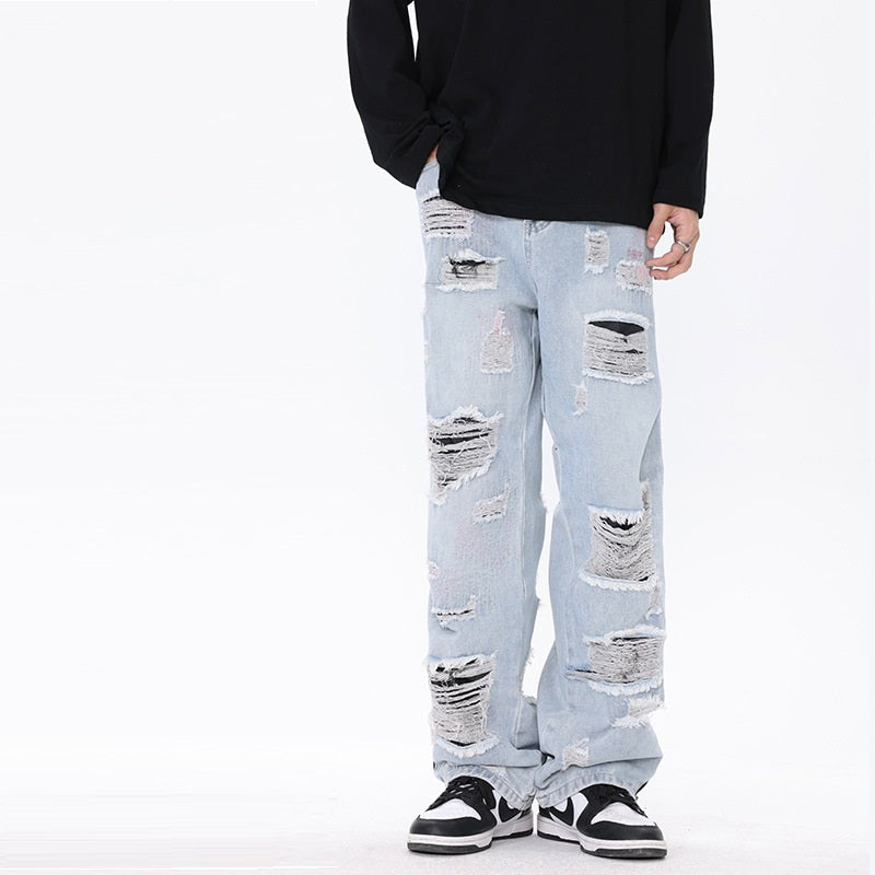 Heavy Industry Zipper Stitching Wash Ripped Straight Jeans