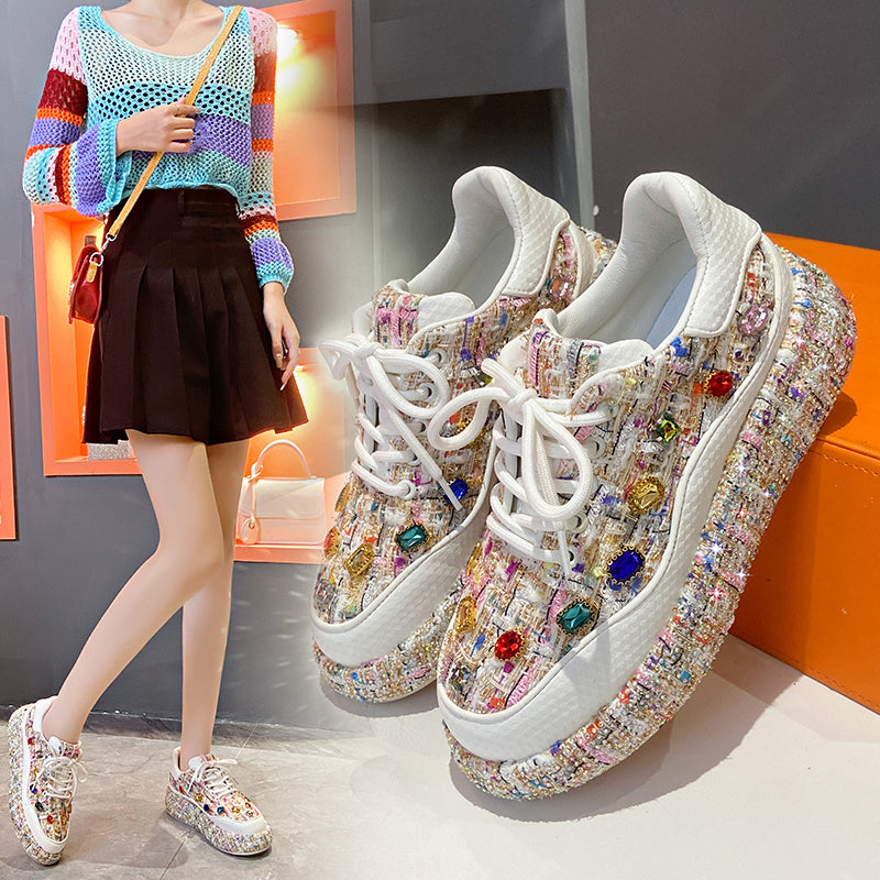 Fashion Platform Loafers, Colorful Tweed Slip-on Shoes With Gemstones, Casual And Comfortable Flat Shoes