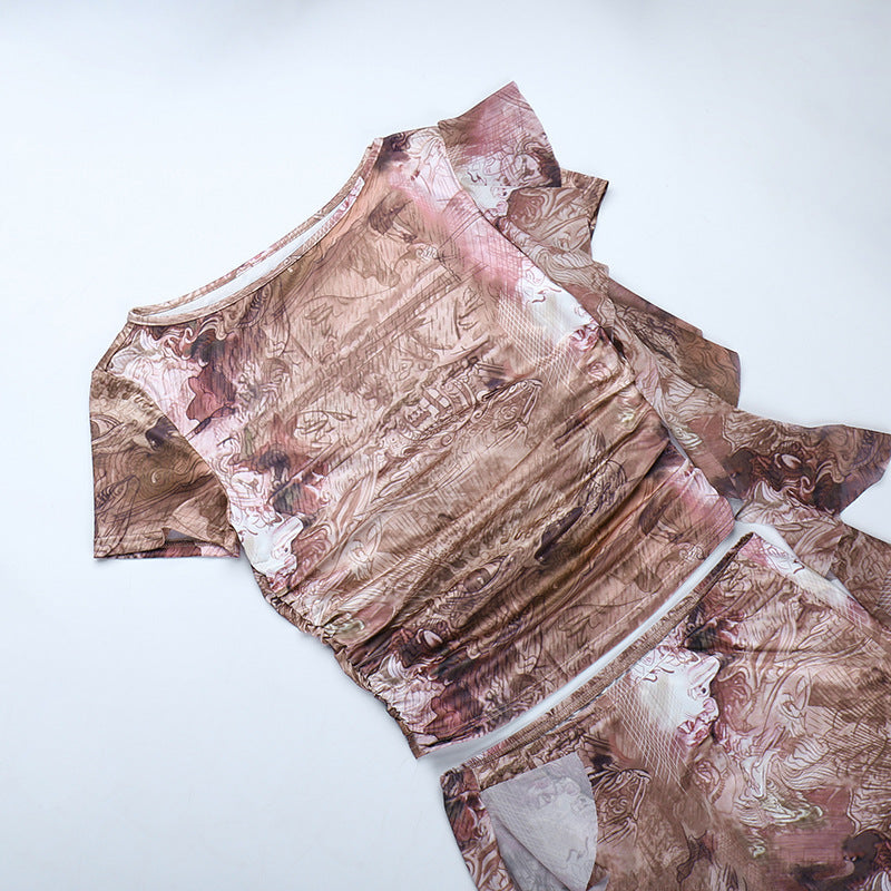 Ruffled Round Neck Printing Short Sleeve