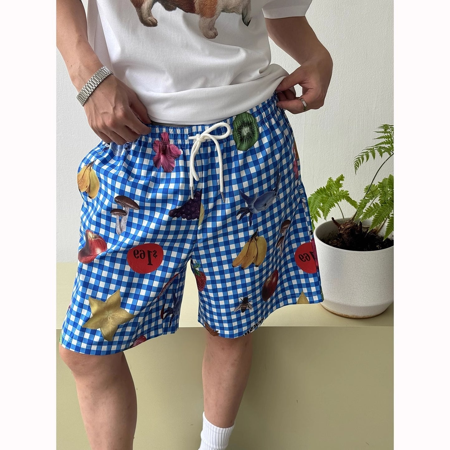 American Retro Blue Plaid Fruit Full Printed Shorts