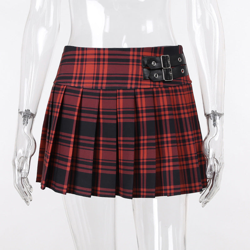 Contrast Color Check Leather Webbing Pleated Skirt High Waist Slim