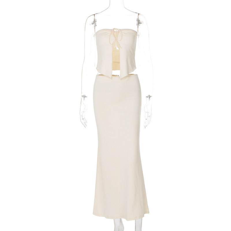 Sexy Patchwork Open-bone Top Slim Fit Temperament Sheath Mid-length Suit Skirt