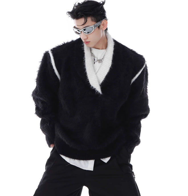 V-neck Anti-mink Plush Sweater Loose Thick Sweater Contrast Color Design Knitted Top