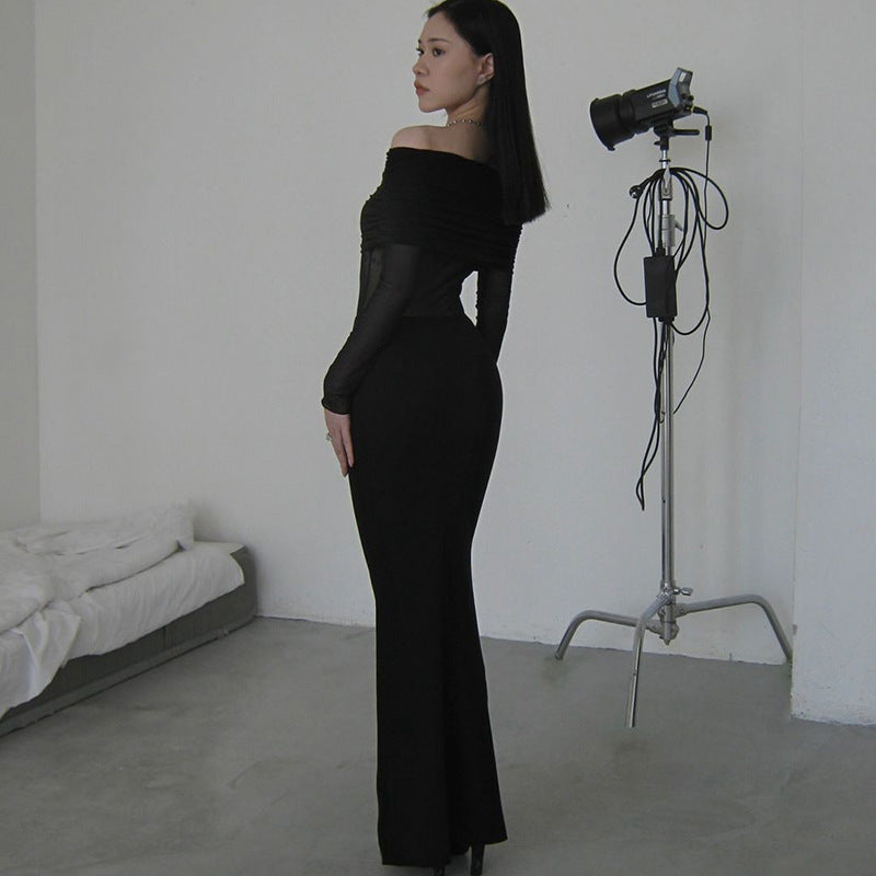 Robe transparente à manches longues et épaules dénudées