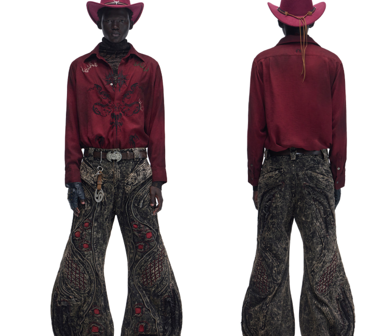 Totem Patterned Wine Red Misty Satin Velvet Shirt