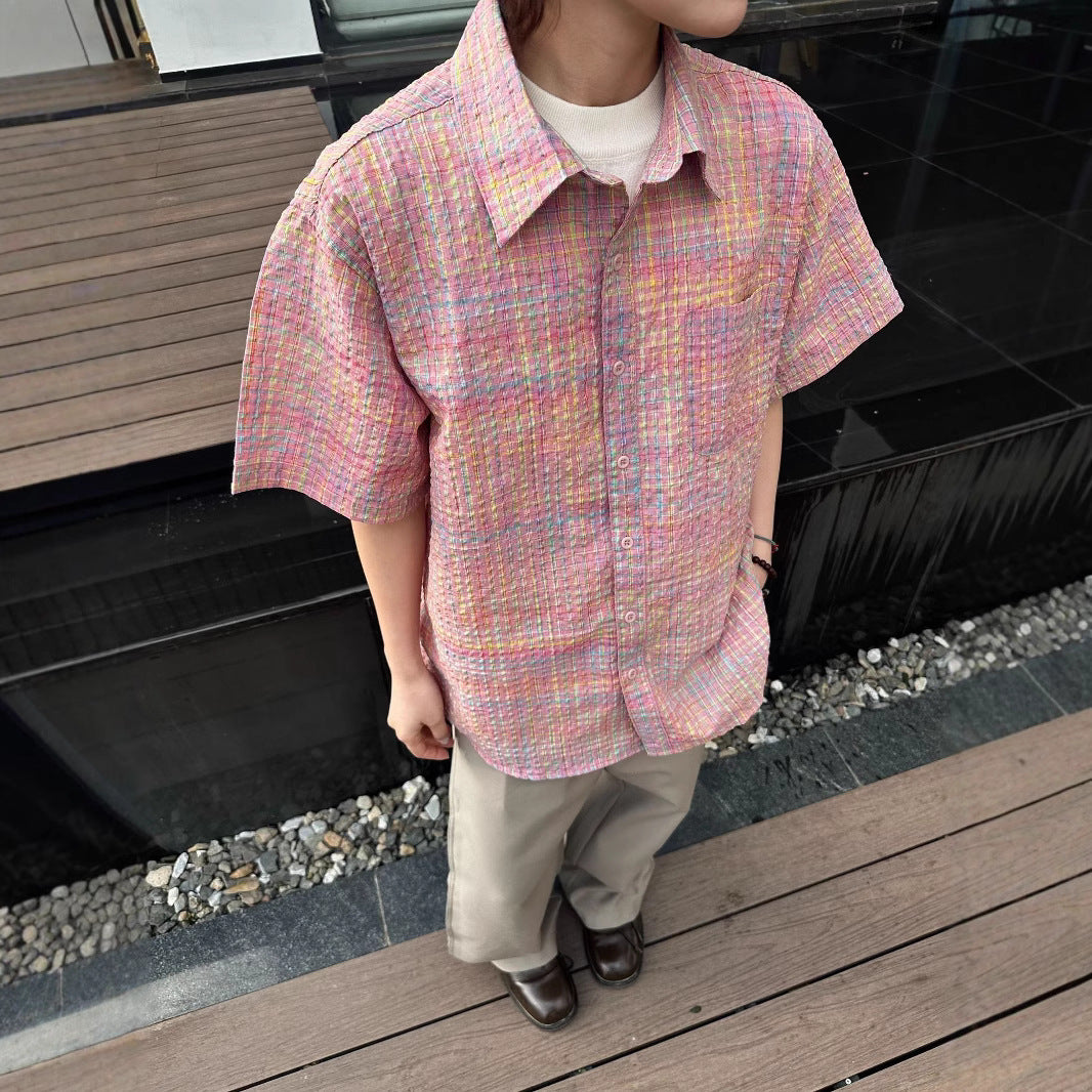 Plaid Seersucker Cross Yuke Loose Profile Short Sleeve Shirt Men's Summer