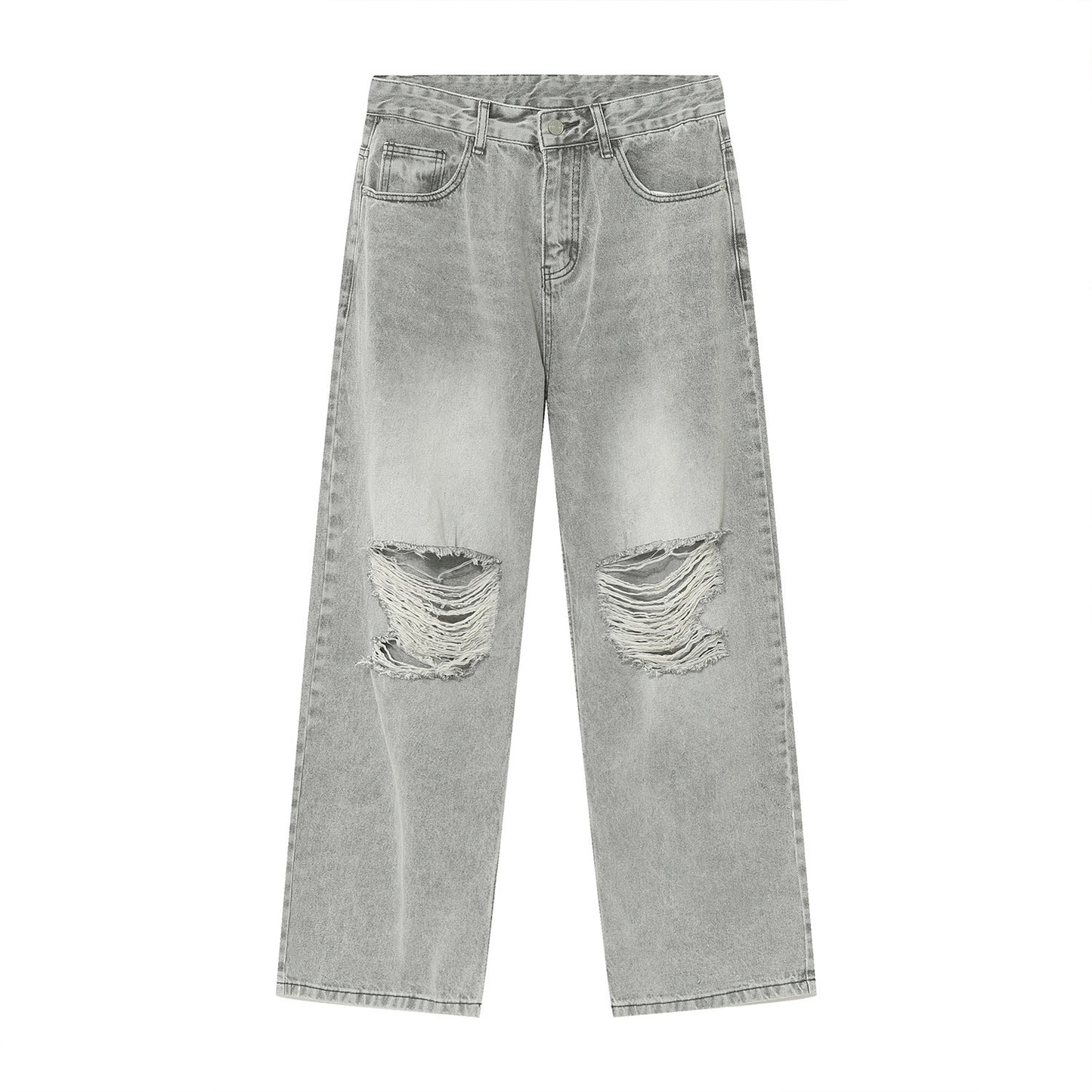 Men's Ripped Washed Light Gray Knee Ripped Wide-legged Straight-leg Denim Trousers