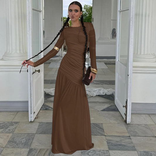 Robe unie tendance, coupe ajustée, plissée, col rond, manches longues