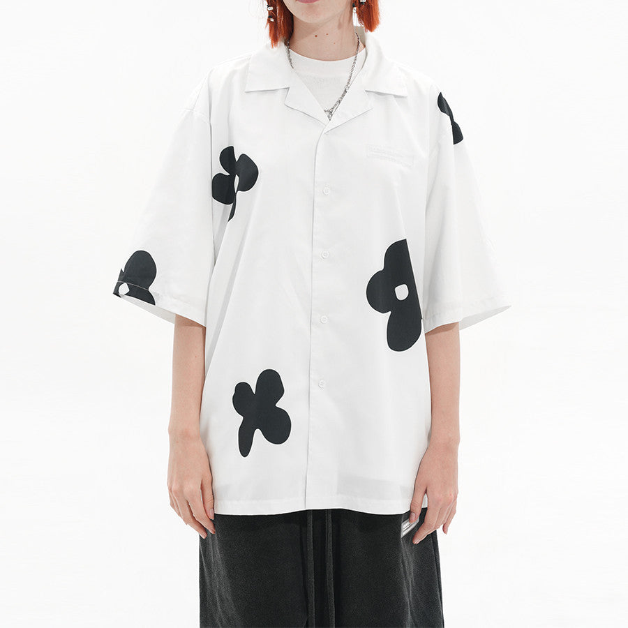 Hand Drawn Silhouette Floral Vintage Cuban Collar Short Sleeve