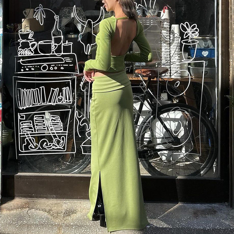 Round Neck Long Sleeve T-shirt Patchwork Slit Long Skirt Suit